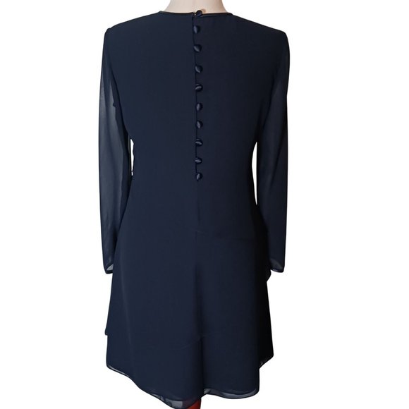 Jones New York Navy Blue Tiered Button‎ Back Sheer Sleeve Shift Dress Size 8 - Picture 5 of 11